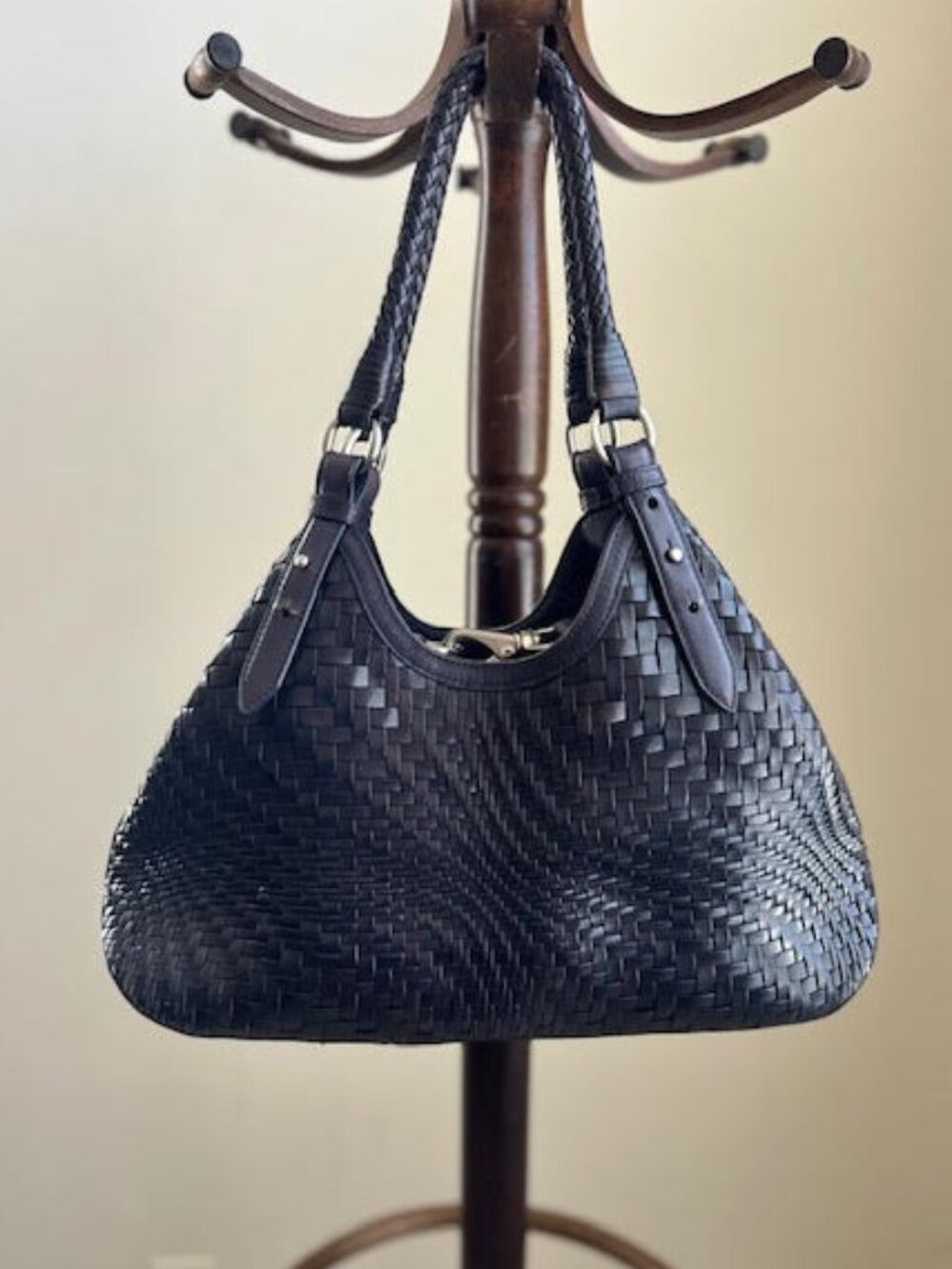 Cole Haan Genevieve Triangle Tote Navy Woven Leather